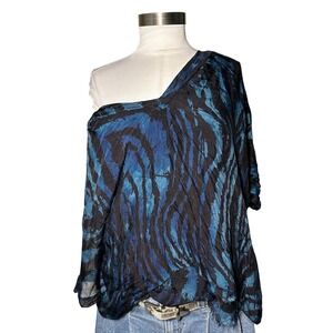 Gigi Moda Blue Black Butterfly Tiger Print Silk Blend Off Shoulder Top Italy